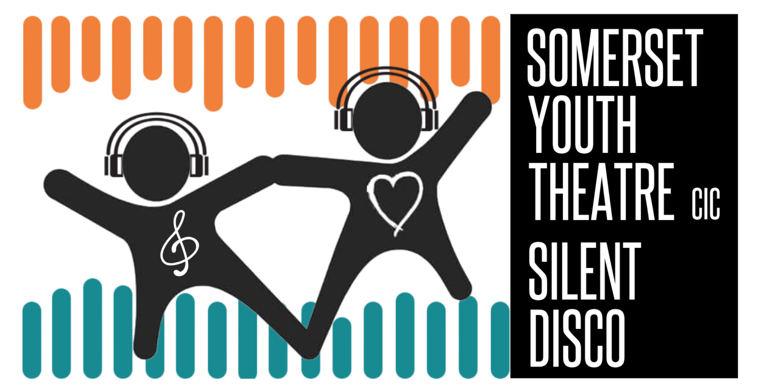 Silent Disco Full colour Logo Logo for Somerset Youth Theatre Silent Disco Hire with happy people with headphones on
